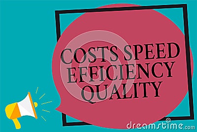 Handwriting text writing Costs Speed Efficiency Quality. Concept meaning Efficient operation inputs outputs balance Megaphone loud Stock Photo