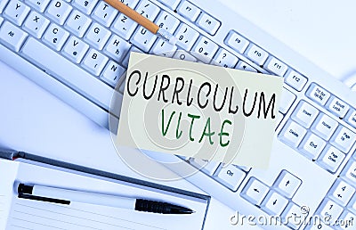 Handwriting text writing Curriculum Vitae. Concept meaning overview of an individual qualifications for job opportunity White Stock Photo