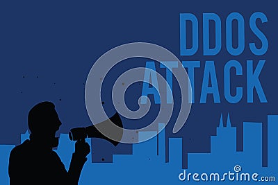 Handwriting text writing Ddos Attack. Concept meaning perpetrator seeks to make network resource unavailable Man holding megaphone Stock Photo