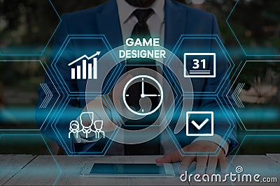 Handwriting text writing Game Designer. Concept meaning Campaigner Pixel Scripting Programmers Consoles 3D Graphics Male Stock Photo