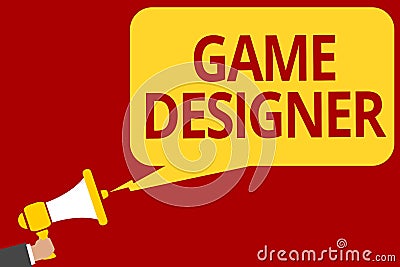Handwriting text writing Game Designer. Concept meaning Campaigner Pixel Scripting Programmers Consoles 3D Graphics Man holding me Stock Photo