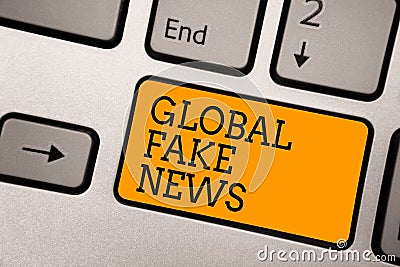 Handwriting text writing Global Fake News. Concept meaning False information Journalism Lies Disinformation Hoax Typing work compu Stock Photo