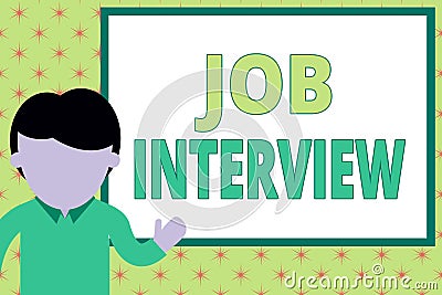 Handwriting text writing Job Interview. Concept meaning Assessment Questions Answers Hiring Employment Panel Young man Stock Photo