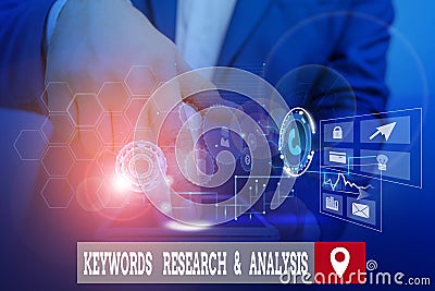 Handwriting text writing Keywords Research And Analysis. Concept meaning search for data and create tables graphs Male Stock Photo