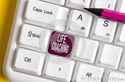 Handwriting text writing Life Coaching. Concept meaning Improve Lives by Challenges Encourages us in our Careers White Stock Photo