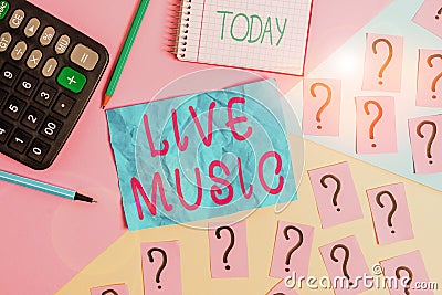Handwriting text writing Live Music. Concept meaning perforanalysisce given by one or more singers or instrumentalists Stock Photo