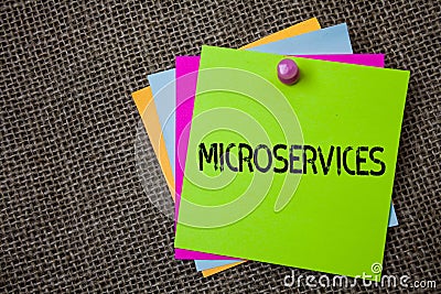 Handwriting text writing Microservices. Concept meaning Software development technique Decomposing an application Sticky cards boa Stock Photo