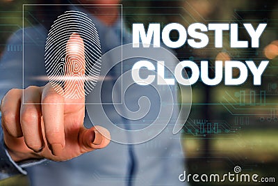 Handwriting text writing Mostly Cloudy. Concept meaning Shadowy Vaporous Foggy Fluffy Nebulous Clouds Skyscape Woman Stock Photo
