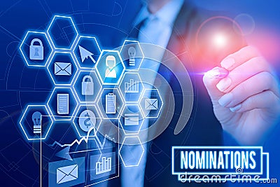 Handwriting text writing Nominations. Concept meaning action of nominating or state being nominated for prize Woman wear formal Stock Photo