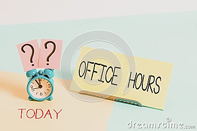 Handwriting text writing Office Hours. Concept meaning The hours which business is normally conducted Working time. Stock Photo