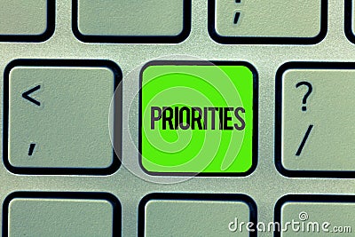 Handwriting text writing Priorities. Concept meaning Things that are regarded as more important urgent than others Stock Photo