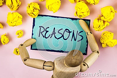 Handwriting text writing Reasons. Concept meaning Causes Explanations Justifications for an action or event Motivation written on Stock Photo