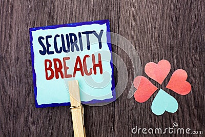 Handwriting text writing Security Breach. Concept meaning Unauthorized access to Data Network Applications Devices written on Stic Stock Photo