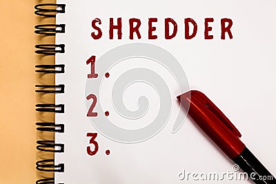 Handwriting text writing Shredder. Concept meaning machine or other device for shredding something like paper Marker Stock Photo