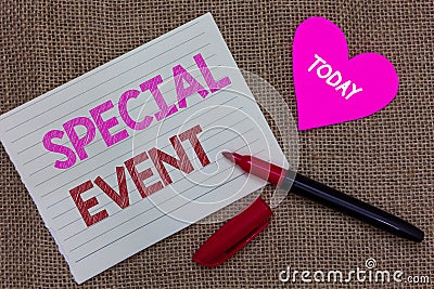Handwriting text writing Special Event. Concept meaning Function to generate money for non profit a Crowded Occassion Piece notebo Stock Photo