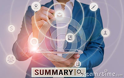 Handwriting text writing Summary. Concept meaning a brief statement or account of the main points of something. Stock Photo