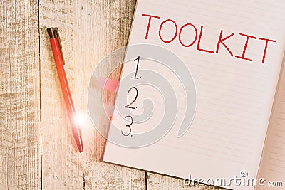 Handwriting text writing Toolkit. Concept meaning set of tools kept in a bag or box and used for a particular purpose Stock Photo