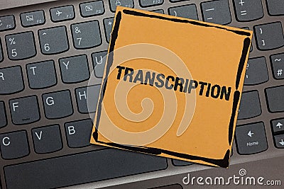 Handwriting text writing Transcription. Concept meaning Written or printed process of transcribing words text voice Black laptop k Stock Photo