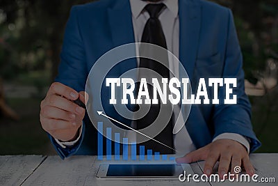Handwriting text writing Translate. Concept meaning Another word with same equivalent meaning of a target language Male Stock Photo