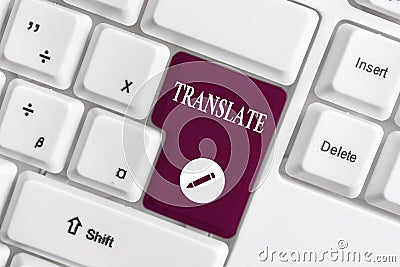 Handwriting text writing Translate. Concept meaning Another word with same equivalent meaning of a target language White Stock Photo