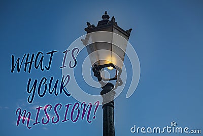 Handwriting text writing What Is Your Mission Question. Concept meaning Positive goal focusing on achieving success Light post blu Stock Photo