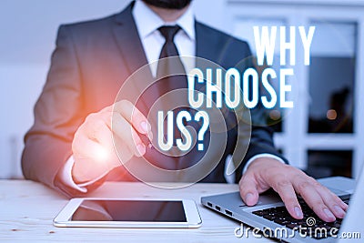 Handwriting text writing Why Choose Us Question. Concept meaning Reasons for choosing our brand over others arguments Stock Photo