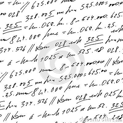 Handwritten abstract text and numbers vector seamless pattern, vector monochrome script isolated on white background Vector Illustration