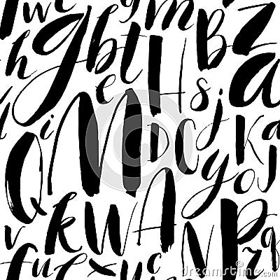 Handwritten calligraphic font seamless background. Modern brush Vector Illustration