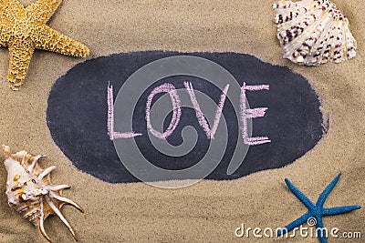 Handwritten chalk inscription LOVE on blackboard, lying among the seashells and starfish on the sand Stock Photo