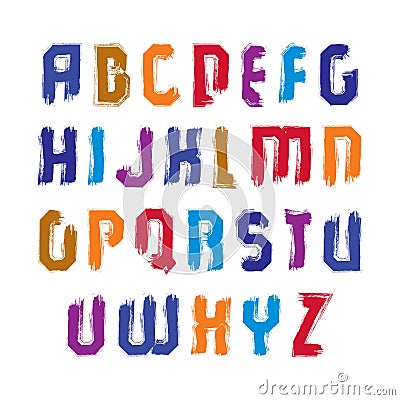 Handwritten contemporary vector uppercase letters, doodle hand-painted alphabet, colorful capital letters. Vector Illustration