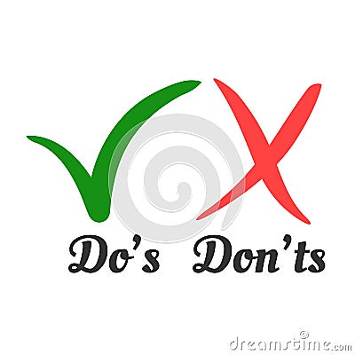Handwritten Do and Dont check tick mark and red cross checkbox icons lettering design isolated on white background. Vector Illustration