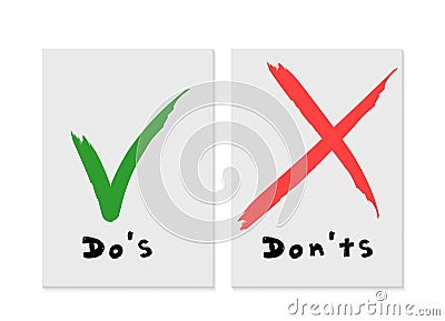 Handwritten Do and Dont check tick mark and red cross checkbox icons lettering design isolated on white background. Vector Illustration