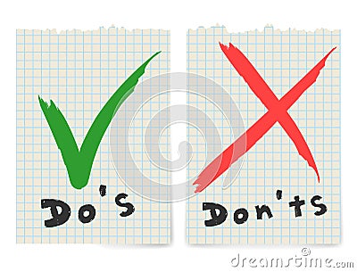 Handwritten Do and Dont check tick mark and red cross checkbox icons lettering design isolated on white background. Vector Illustration
