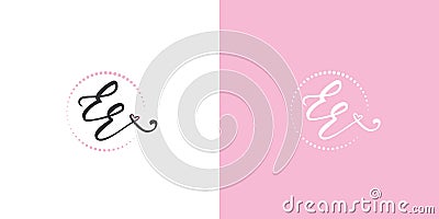 Handwritten EE feminine monogram logo with heart in gentle pink Vector Illustration
