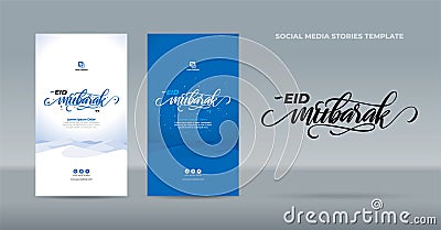 Handwritten Eid Mubarak Calligraphy greetings on blue background template for stories social media post Vector Illustration