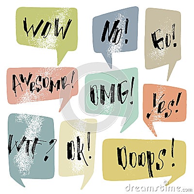 Handwritten exclamation and words inside hand drawn callout clouds. Lettering in geometric textured speech bubbles Vector Illustration