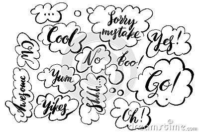 Handwritten exclamation and words inside hand drawn callout clouds. Lettering. Vector illustration with drawn words. Vector Illustration