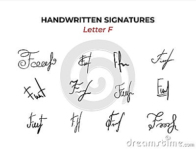 Handwritten Fictitious Autographs set with letter F. Fake hand drawn Personal scribble for certificate or client. Various Vector Illustration