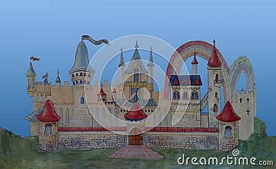 Handwritten illustration of fairy medieval castle Cartoon Illustration