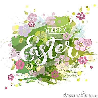 Handwritten lettering Happy Easter isolated on watercolor painting imitation background. Cartoon Illustration