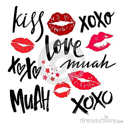 Handwritten Lettering with Red Woman Lips. Vector Lipstick Kisses. XOXO, Love, Kiss and Muah Phrases on Valentines Day. Vector Illustration