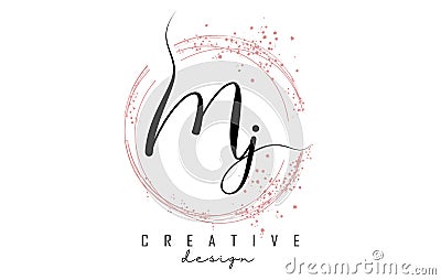 Handwritten MJ M J letter logo with sparkling circles with pink glitter Vector Illustration