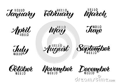 Handwritten names of months: December, January, February, March, April, May, June, July, August, September, October, November. Vector Illustration