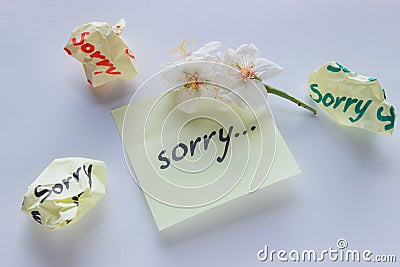 Handwritten note - I`m Sorry. Small delicate white flowers of al Stock Photo
