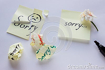 Handwritten note - I`m Sorry. Small delicate white flowers of al Stock Photo