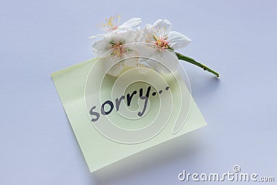 Handwritten note - Sorry. Small delicate white flowers of almon Stock Photo