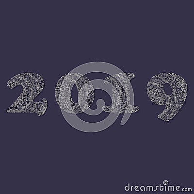 Handwritten number 2019 patterned with zen-tangle shapes for decorate calendar Stock Photo