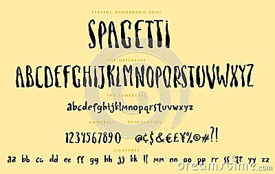 Handwritten playful script font Spagetti vector alphabet set Cartoon Illustration