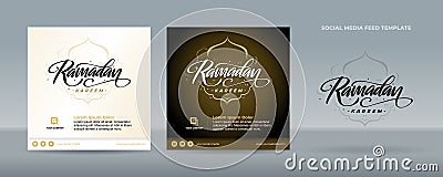 Handwritten Ramadan Kareem greetings black gold background for social media feed post Stock Photo