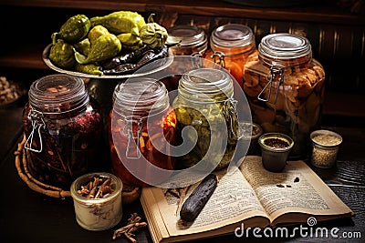 handwritten recipe book with jars of preserved food around Stock Photo